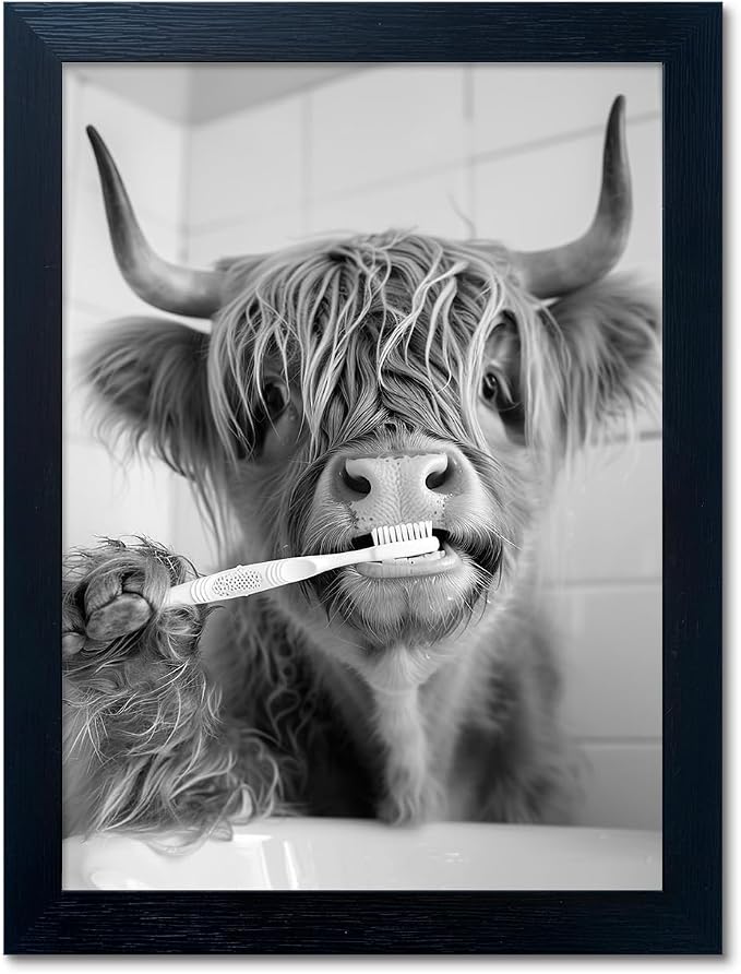 Framed Black and White Highland Cow Bathroom Decor, Funny Bathroom Wall Art, Cow Pictures in Toilet Decor, Animal Canvas Print Wall Art