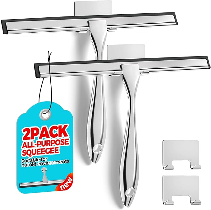 2pcs Shower Squeegee for Glass Doors with Adhesive Hanging Hook Set | 10” silver, bathroom accessories, window cleaner, new home essentials, soft rubber blade, metal handle, ergonomic grip