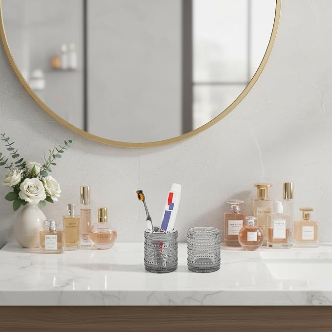 Grey Toothbrush Holders for Bathrooms, Glass Toothbrush Holder with 2 Slot Divider, 10oz Bathroom Tumbler and Mouthwash Cup, Tooth Brush Holder for Brushes, Toothpaste