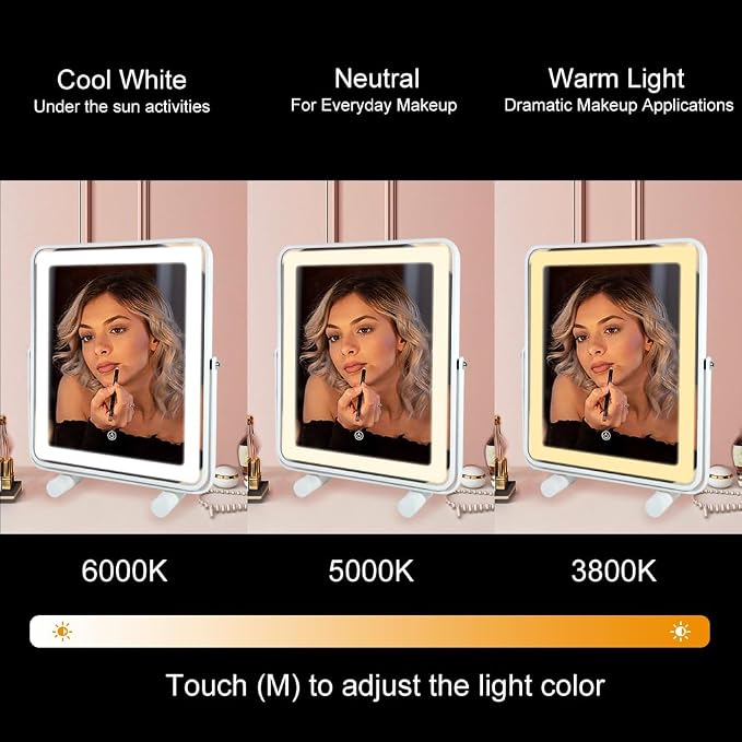 YEKKOPT Makeup Vanity Mirror with Lights,13" Large Hollywood LED Lighted Make up Mirror for Bedroom Tabletop,Three Color Lighting Modes,Smart Touch Control, 360°Rotation