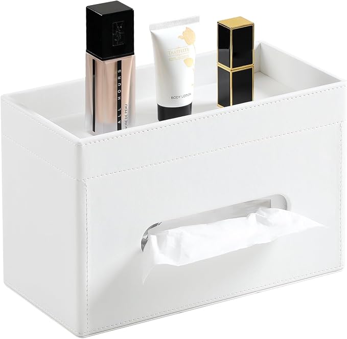 Plus Size Tissue Box Cover, Rectangle Tissue Box Organizer, White | Fit 180/230 Count Tissue Boxes, Storage Tray, PU Leather Large Tissue Box Cover, Rectangular Tissue Box Holder for Bathroom