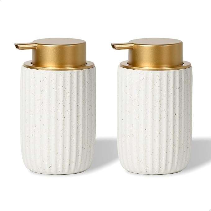 Speckled White Ceramic Foam Dispenser 2 Pack, Rippled Gold Top | Modern Minimal Design, Subtle Bathroom Upgrade, Elegant Gold Accent, Marble Decor Match, Soft Foam Pump, 12 oz Capacity