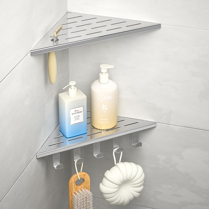 10‘’ Corner Shower Shelf | 304 Stainless Steel Shelves for Bathroom, Grout in Shelf with Hooks for Tiled Wall (Polished)