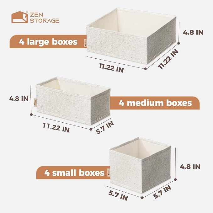 ZenStortage Cotton Linen Baby Drawer Organizers for Nursery, 12Pack Beige | Natural Cotton Linen Fabric, 3 Sizes for Flexible Combinations, Skin-Friendly Material, Foldable Zipper Design