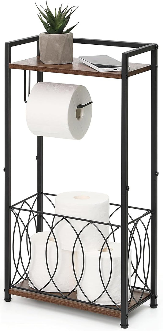 SunnyPoint Classic Space Saving Freestanding Toilet Paper Holder with Storage Shelf – Bathroom Space Saver for Phone, Tablet, and Magazines – All Purpose Bathroom Organizer Space Saver (Black)
