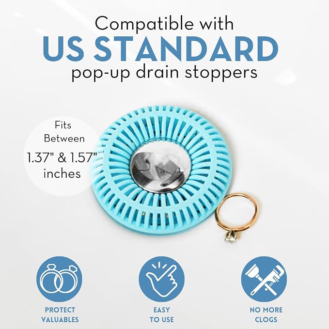 SinkRing Bathroom Sink Drain Protector & Strainer for Pop-Up Stoppers, Aqua | Easy snap-in design. Precision clog-free trap prevents loss of earrings, jewelry or contacts. Fits 1.37" - 1.57" stoppers.