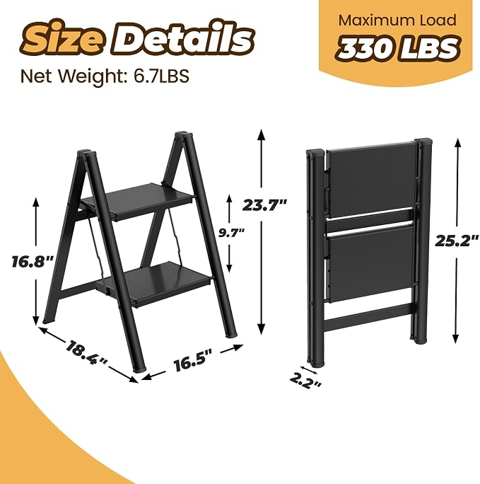 HBTower 2 Step Ladder, Lightweight Aluminum Folding Step Stool | Anti-Slip Wide Pedal, 330lbs Capacity Step Ladder for Household Kitchen Office, Black