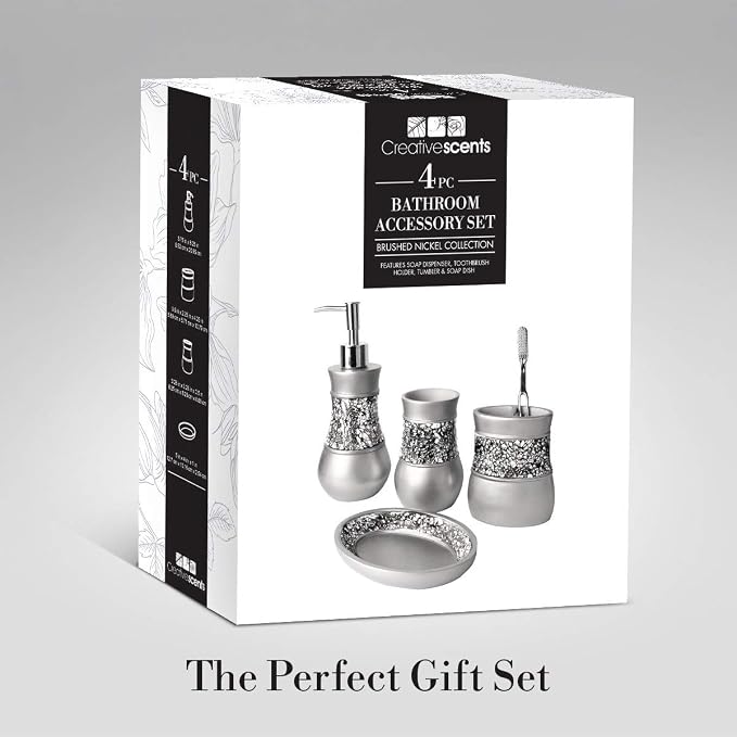 Creative Scents 4 Pc. Resin Bathroom Accessory Set | Silver Crackled Glass | Includes Soap Dispenser, Toothbrush Holder, Tumbler Cup and Soap Dish