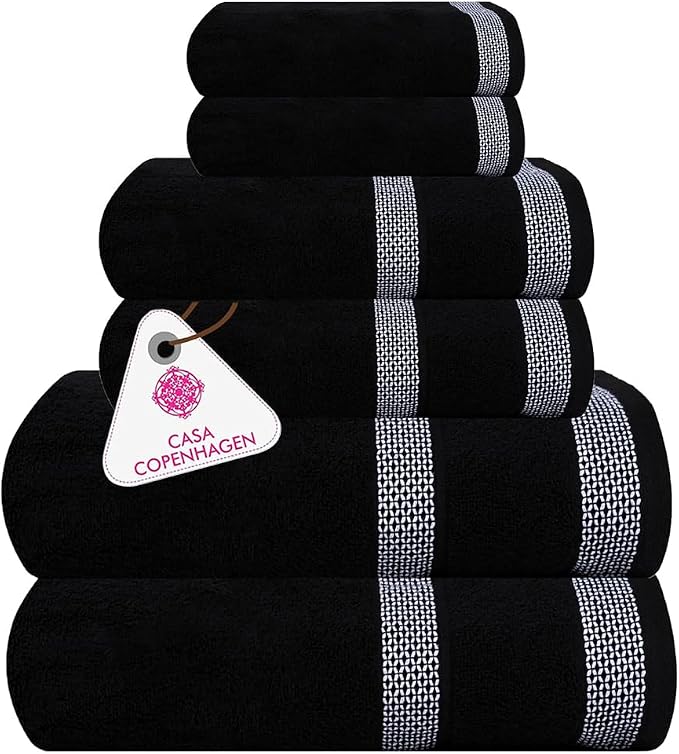 CASA COPENHAGEN Solitaire 6 Pieces Towel Set- Black, 600 GSM 2 Bath Towel 2 Hand Towel 2 Washcloth, Designed in Denmark Made of Soft Egyptian Cotton for Bathroom, Kitchen & Shower