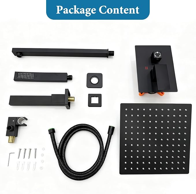 10 inch Square Shower Head and Handheld Set, Gasecoet Shower System with Tub Spout Wall Mounted Shower Faucet for Bathroom - Matte Black (With Shower Valve)