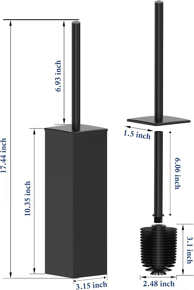 RUACQ Toilet Brush and Holder Set, Square, Matte Black, 2 Pack | SUS304 Stainless Steel Handle, Toilet Cleaner Brush with Durable Scrubbing Bristles, Splash-Proof