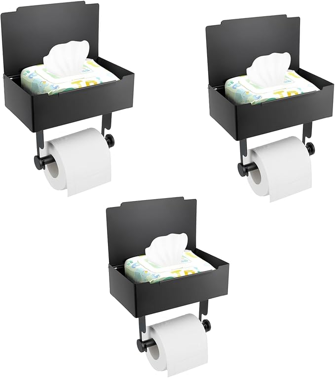 3 Pack Matte Black Toilet Paper Storage Holder with Shelf for Wet Wipes, Sanitary Tampon, Trash Bags, Bathroom Wipes Holder Accessory Space Saver and Organizer