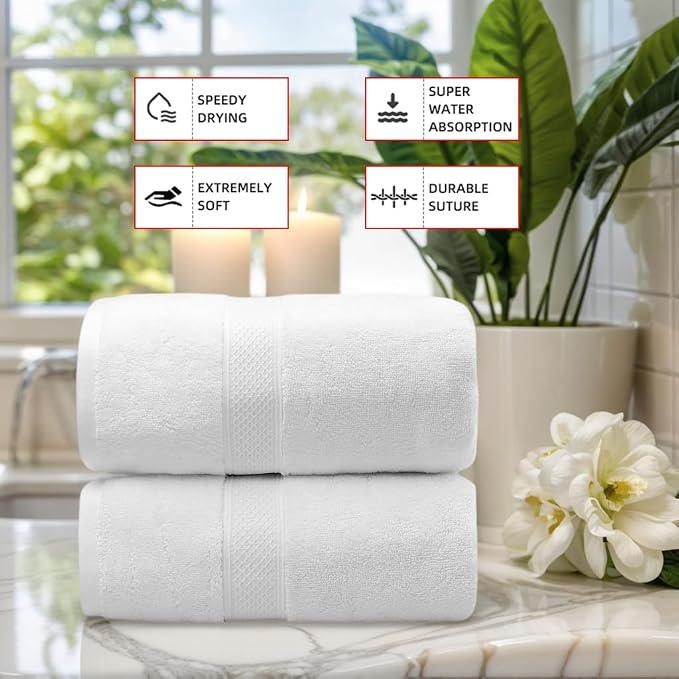 Fluffy Cotton Bath Towels Set650GSM,2-Piece Set, Thickened and Enlarged(31.5x63 inches),Super Absorbent,Soft,Suitable for Hotel, Bathroom, Swimming Pool, SPA,Gift(White)