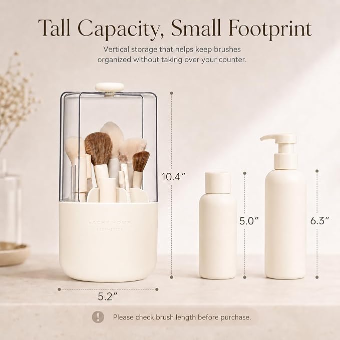EACHY Makeup Brush Holder with Lid, Rotating Makeup Brush Organizer, Beige | Dustproof Lid, 7 Compartments, Waterproof Plastic, Vanity Makeup Organizer for Brushes