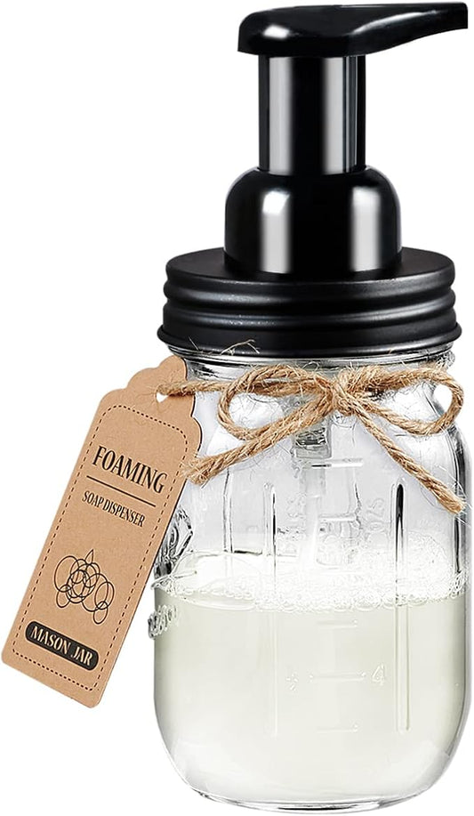 Amolliar Mason Jar Foaming Soap Dispenser, 16oz Glass Dispenser, Black | Rustproof Stainless Steel Lid Plastic Soap Pump, Rustic Farmhouse Decor, Refill Foam Hand Soap Dispenser for Bathroom Kitchen