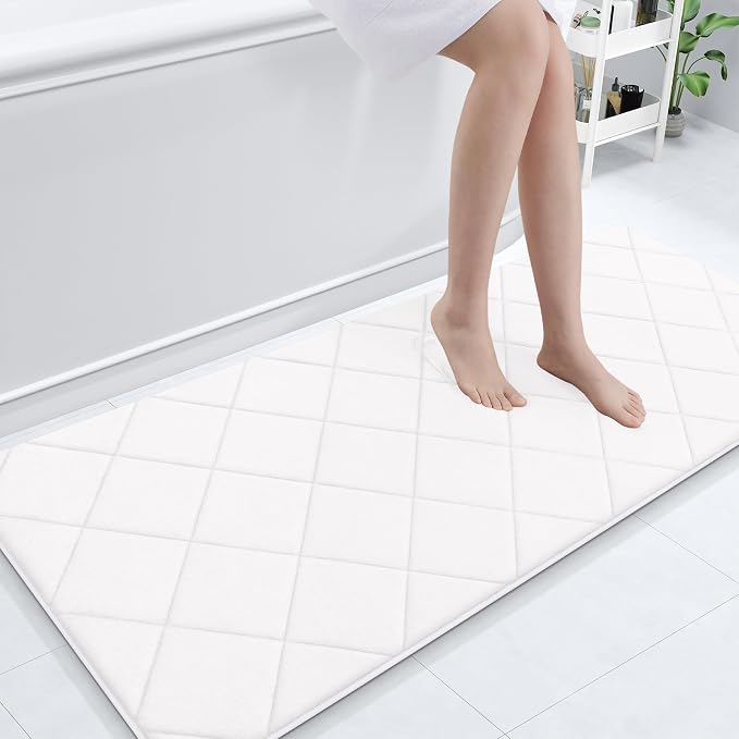 OLANLY Memory Foam Bath Mat 70x24, Ultra Soft and Absorbent Bathroom Rugs | White, Quick Dry, Machine Washable Shower Bath Rugs, Comfortable Bath Carpet for Bathroom Floor, Tub and Shower