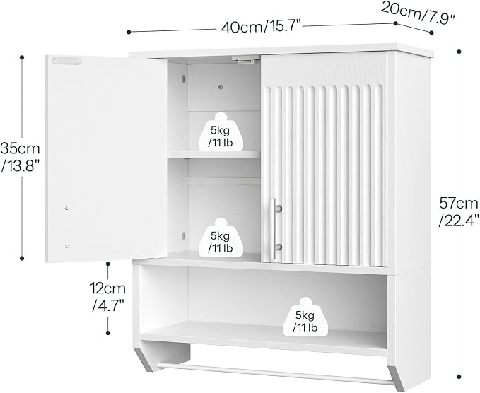 HOOBRO Fluted Bathroom Wall Cabinet, Farmhouse Medicine Cabinet with 2 Fluted Doors, Wall Storage Shelf with Towel Rack, Adjustable Shelf, for Small Spaces, Bathroom, Kitchen, White