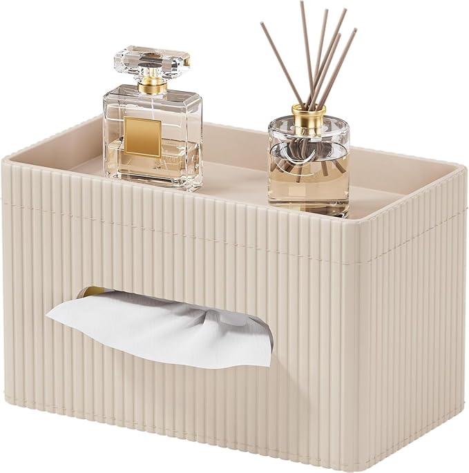 Ribbed PU Leather Tissue Box Cover with Storage Tray, Rectangular Facial Tissue Holder for Bathroom Vanity, Nightstand & Office Desk, Modern Decorative Tissue Dispenser (Warm Beige)