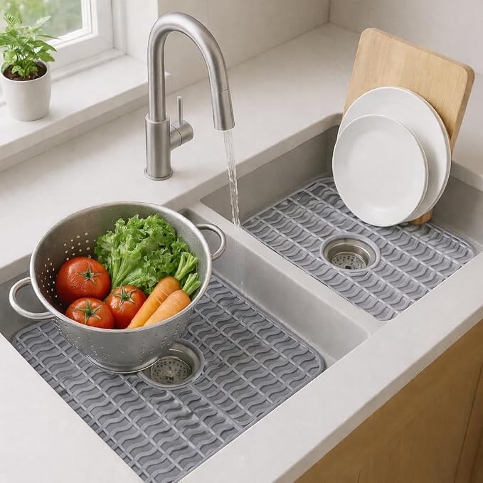 Dependable Industries Inc. Essentials 2 Pack Plastic Sink Protector Mat with Center Drain Cutout Protect Sink and Glasses and Dishes from Scratches and Breaks 12" x 11" (Gray)