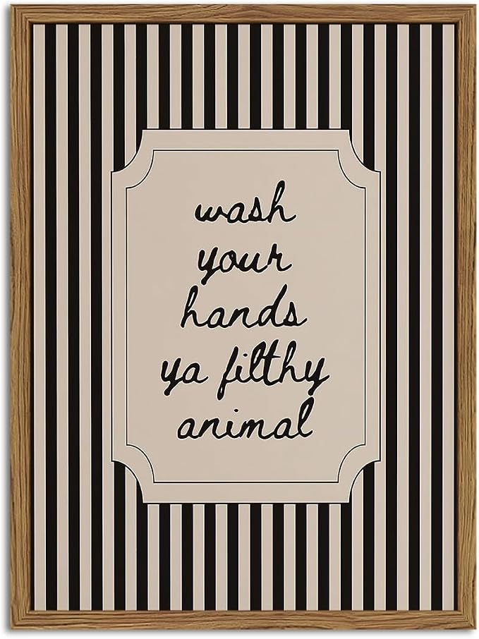 Funny Bathroom Sign Wall Art Wash Your Hands Ya Filthy Animal Quote Wall Decor Pictur Vintage Black White Striped Bathroom Poster Canvas Painting Prints for Restroom 12x16 inch Wood Framed