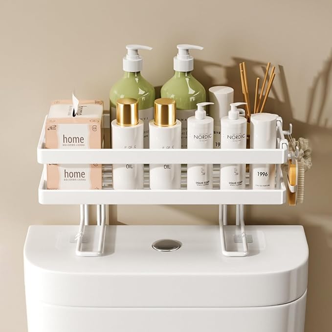 ShellKingdom Over the Toilet Storage Shelf, Toilet Paper Holder Stand Rack | Punch-Free Bathroom Storage Rack with 2 Hooks, Small Space Organizers for Bathroom, Home, White