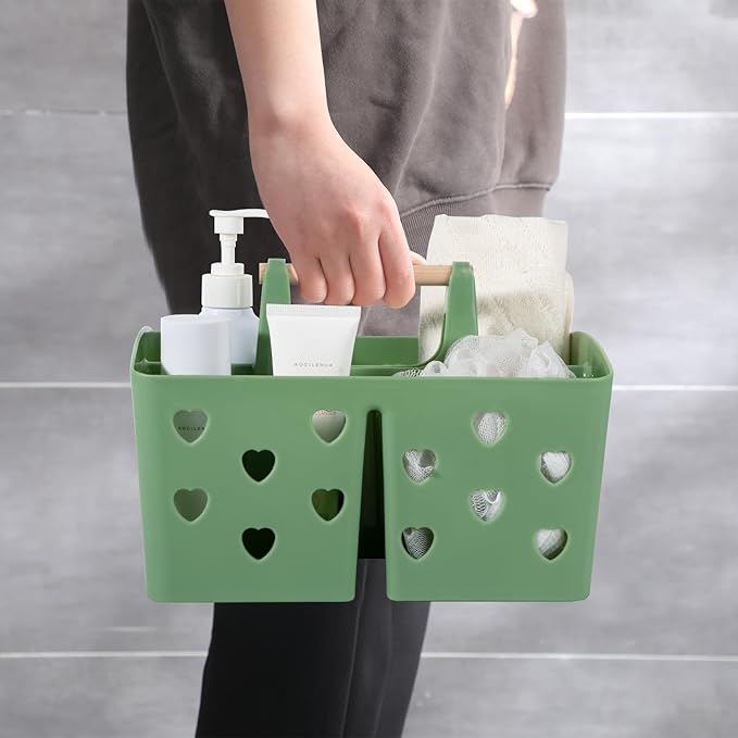 Portable Shower Caddy Plastic Shower Basket Organizer with Handle, Green | Divided Bathroom Caddy Storage Cleanning Caddy Tote for College, Dorm Room, Kitchen