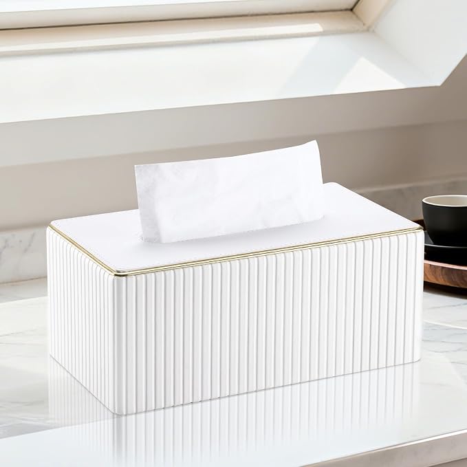 Rectangular Tissue Box Cover, PU Leather Tissue Box Holder with Magnetic Bottom, Napkin & Facial Tissue Holder Dispenser Decorative Box Cover for 120-count (3-Ply) 160-count (2-Ply) White