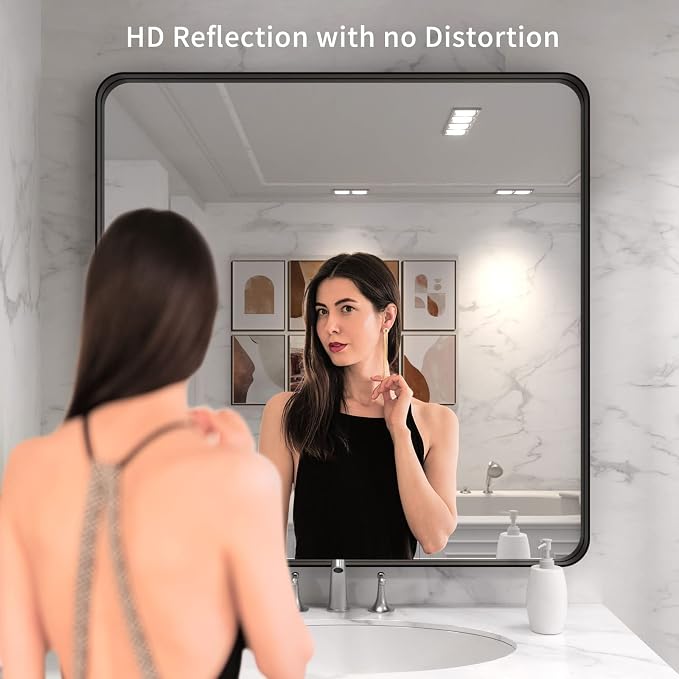 LOAAO 36X36 Inch Black Bathroom Mirror Metal Framed | Rounded Rectangle, Matte Black, Anti-Rust, Tempered Glass, Hangs Horizontally or Vertically