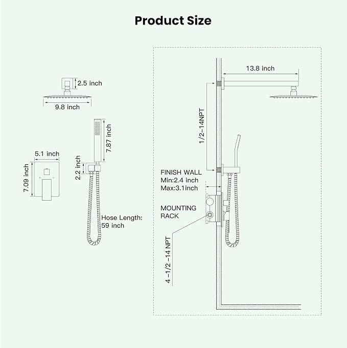 gotonovo Shower Faucet Set with Handheld Spray Brushed Nickel,10'' Head | SUS304 Rainfall Shower Head and Handle Set System Fixture,Pressure Balance Valve Trim Kit,Single Handle,Wall Mount,All Metal
