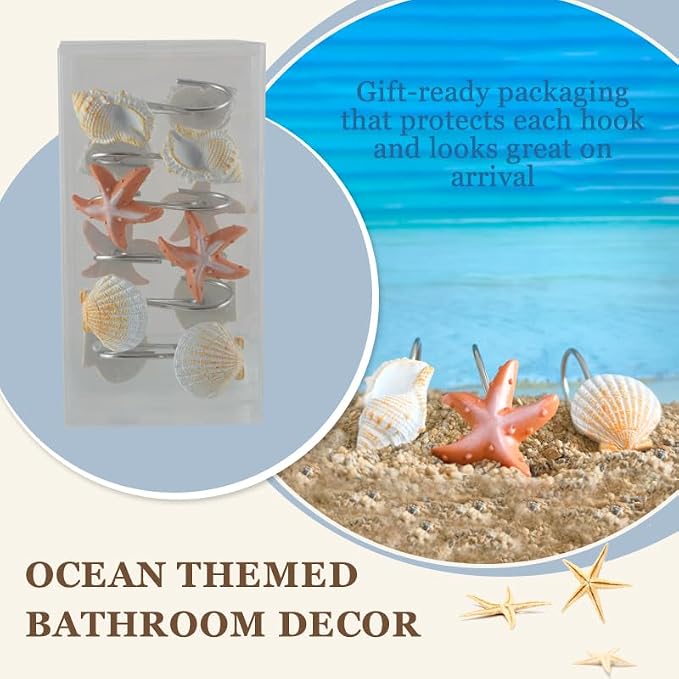 Seashell Shower Curtain Hooks 12pcs Beach Shower Curtain Rings Bath Shower Hooks Rust Proof Curtain Hangers Coastal Bathroom Accessories Decor