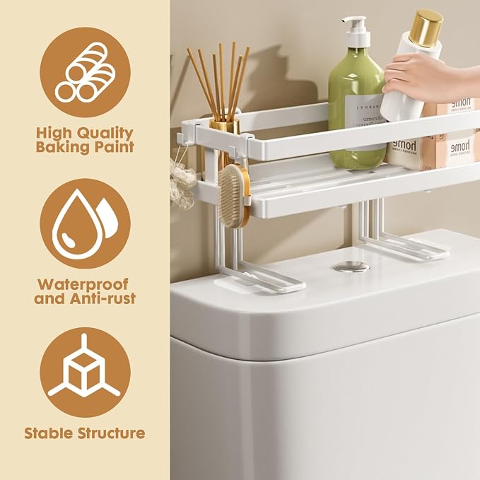 ShellKingdom Over the Toilet Storage Shelf, Toilet Paper Holder Stand Rack | Punch-Free Bathroom Storage Rack with 2 Hooks, Small Space Organizers for Bathroom, Home, White
