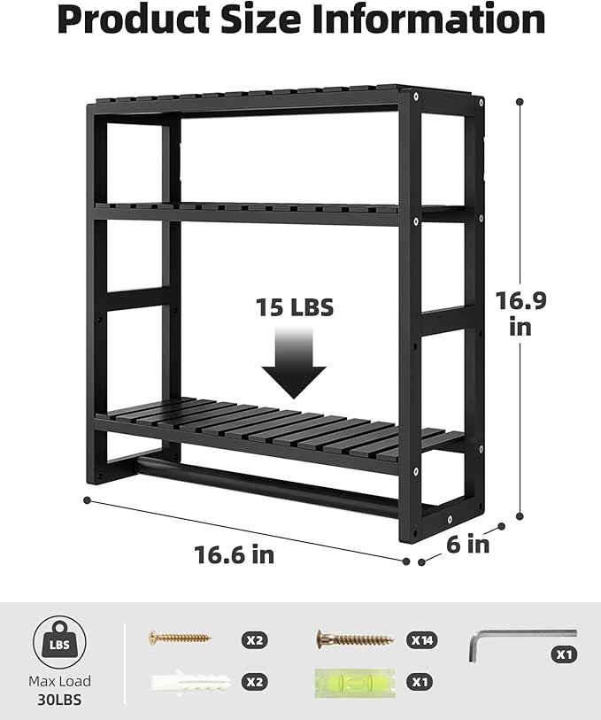 Galood Over The Toilet Storage Bathroom Shelves Wall Mounted 3 Tier Black-L | Space Saver Corner Shelf Organizer Bamboo Towel Rack Toilet Paper Cabinet with Hanging Rod