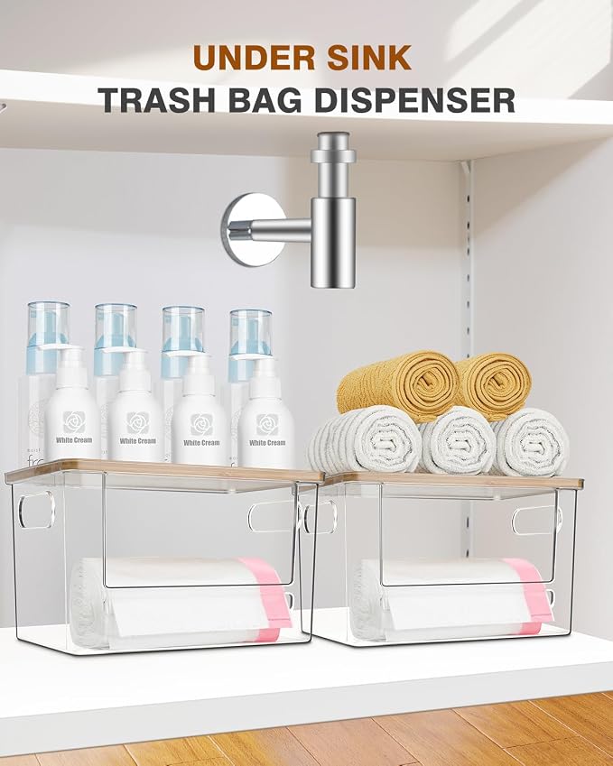 Trash Bag Holder, Acrylic Garbage Bag Dispenser with Bamboo Top | Extra Large Trash Bags Dispenser Under Sink for Kitchen, Pantry, Laundry Room, Cabinet Organizer and Storage (1 PACK)