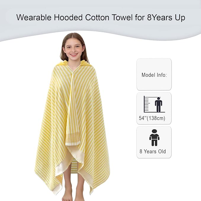 VOOVA & MOVAS Big Kids Hooded Beach Wrap, 8+, 100% Cotton,Yellow White | Yellow Stripe Design, Soft, Absorbent & Quick Dry, Ideal for Girls’ Bath, Beach and Pool Use