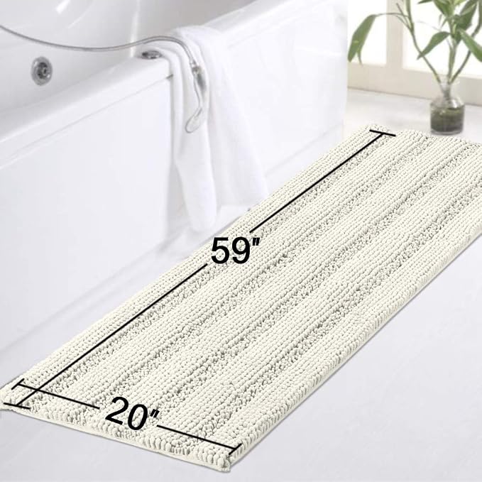 Turquoize Non-Slip Kitchen/Bath Rug Runner Luxury Chenille Shaggy Bathroom Rug Mat Cream Bath Mat, Ultra Soft and Cozy, Super Absorbent Large Shaggy Rugs, Washable Carpet Kitchen Mats, 59"x20", Cream