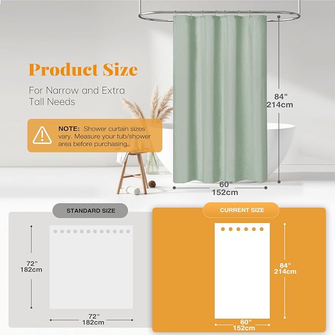 60x84 Long Linen Textured Waterproof Shower Curtain Set, Sage Green | Narrow Long Size, 230GSM Waterproof Polyester, Heavy Duty Cloth, Weighted Hem, 10 Hooks, Modern Hotel Style, Machine Washable