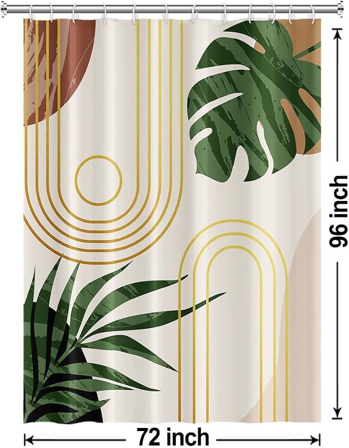 Boho Sage Green Shower Curtain for Bathroom 72x96 Inch | Waterproof Abstract Tropical Leaves Shower Curtain Set with Hooks, Mid Century Beige Bathroom Decor