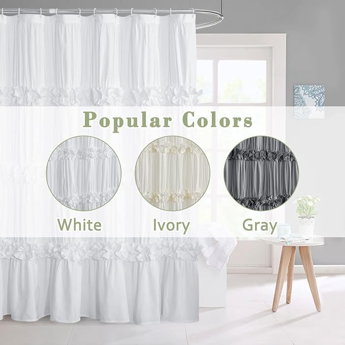 Victorian Ruffle Shower Curtain, 72" W x 72" H, White | Vintage Handcrafted Bow Tie Bath Curtain for Master Bathroom, Ruched Microfiber Bathroom Curtain with 12 Buttonholes (LQ-10)