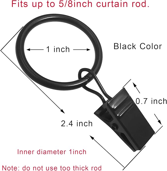 LLPJS 100 Pack Curtain Rings with Clips, Curtain Clip Rings Hooks, Bow Hanger Clips for Hanging Drapery Drapes Bows, Ring 1 inch Interior Diameter, Fits up to 5/8" Rod, Black