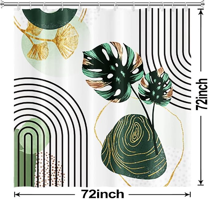 Boho Green Shower Curtain with Hooks for Bathroom 54x72 Inch | Waterproof Abstract Green and Gold Leaves Shower Curtain Set, Mid Century Bathroom Decor