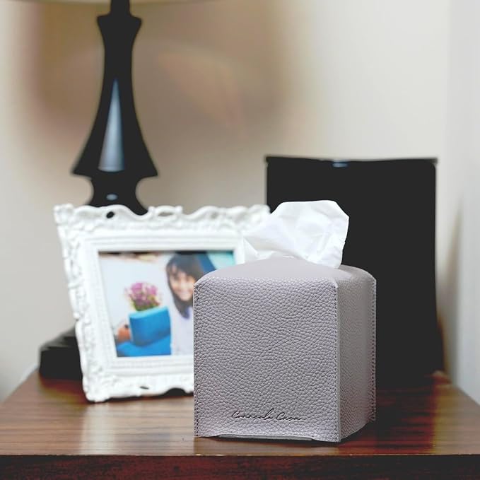 Premium PU Leather Tissue Box Holder - Elegant Hotel-Style Tissue Box Cover for Home, Office & Car Décor, Tissues Cube Organizer for a Natural & Classic Look (Purple Grey 2 Pack)