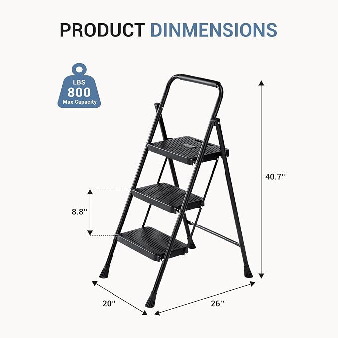 DUMOS 3 Step Ladder, Sturdy Step Stool with Anti-Slip Pedal & Comfortable Handrail, Portable Heavy Duty Stool for Kitchen, Garage & Outdoor Use, 800lbs, Black
