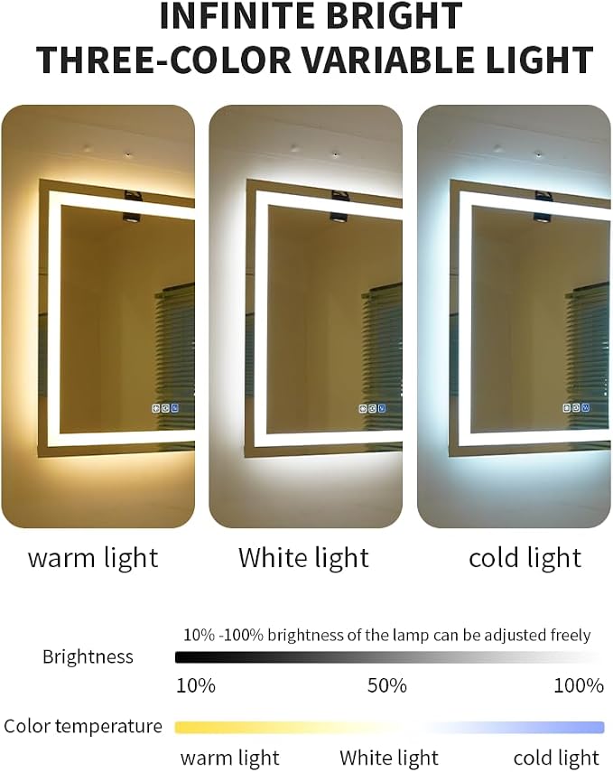 18x24 Inch LED Smart Bathroom Mirror, Wall Mounted | Anti-Fog,3 Colors Dimmable,Front and Backlit,CRI 90+,Memory,Shatter-Proof,Rectangular,Frameless,Explosion Proof