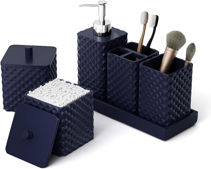 Bathroom Accessories Set Resin 6PCS, Square Toothbrush Holders Set Complete with Soap Dispenser, Vanity Tray, Tumbler, Cups and Cotton Swab Jars (Navy Diamond, Resin Bath 6 PCS)