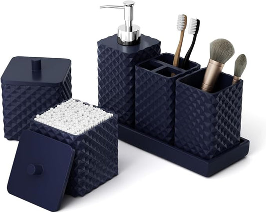 Bathroom Accessories Set Resin 6PCS, Square Toothbrush Holders Set Complete with Soap Dispenser, Vanity Tray, Tumbler, Cups and Cotton Swab Jars (Navy Diamond, Resin Bath 6 PCS)