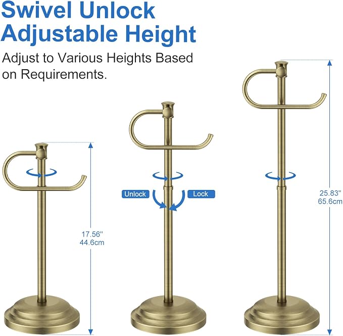RUMOSE Toilet Paper Holder Stand for Floor Free Standing, Antique Brass | Bathroom Freestanding Toilet Tissue Roll Holder with Storage, Adjustable 17-25 Inch, Rustproof, SUS304 Stainless Steel