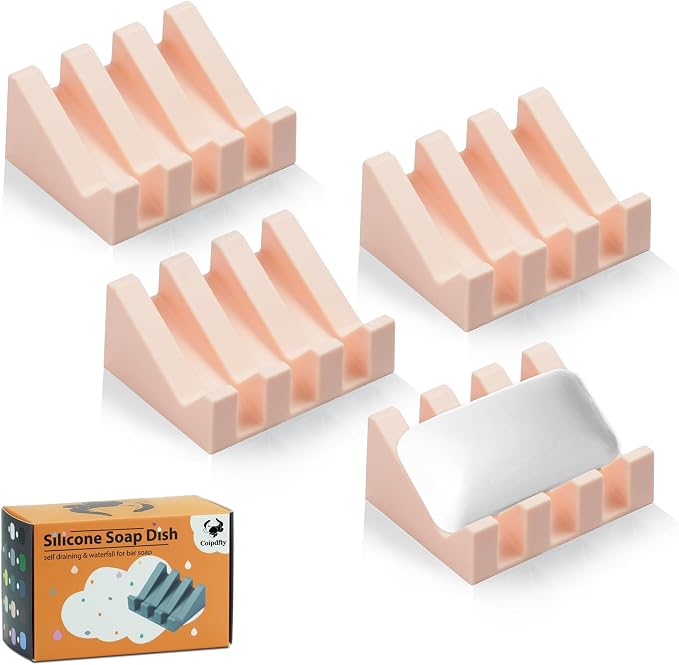 Self Draining Soap Dish Holder,Silicone Soap Dish,for Bathroom,Kitchen, Sponges，Can Extend Soap Life，Keep Soap Bars Dry and Easy Cleaning (Pink,4-Pack)