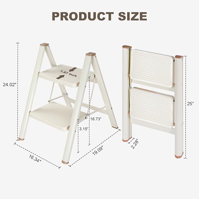Valeo 2 Step Ladder,Lightweight Folding Step Stool with Wide Anti-Slip Pedal, 330LBS Capacity, Heavy Duty,Sturdy Iron Metal Step Stool for Home, Kitchen, Closet, Adults, Cream White