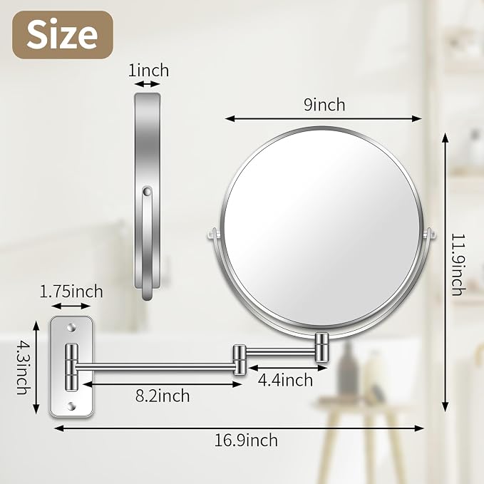 BTremary 9” Large Wall Mounted Makeup Mirror 1X/7X Double-Side Bathroom Magnifying Mirror 360 Swivel Vanity Mirror Extendable Shaving Wall Mount Cosmetic Mirror for Men and Women, Chrome