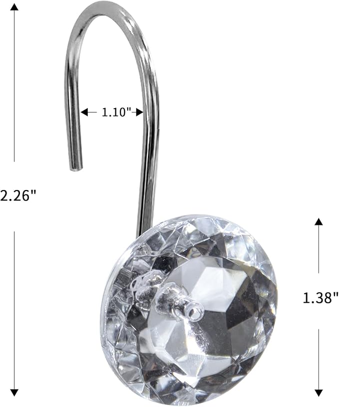 Crystal Diamond Round Shower Curtain Hooks Rings for Bathroom,Clear,12PCS | Acrylic Decorative Rhinestones Bling Shower Hooks Rings,for Bathroom Curtains Rod,Gem Metal Rust Proof Shower Hangers